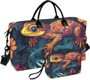 Lizard Floral Leaf Duffel Bag for Traveling, Gym Bags with Multiple Interior Pockets for Women Men Toiletry Purse Included 20.5”x 1.9” x 13.8”