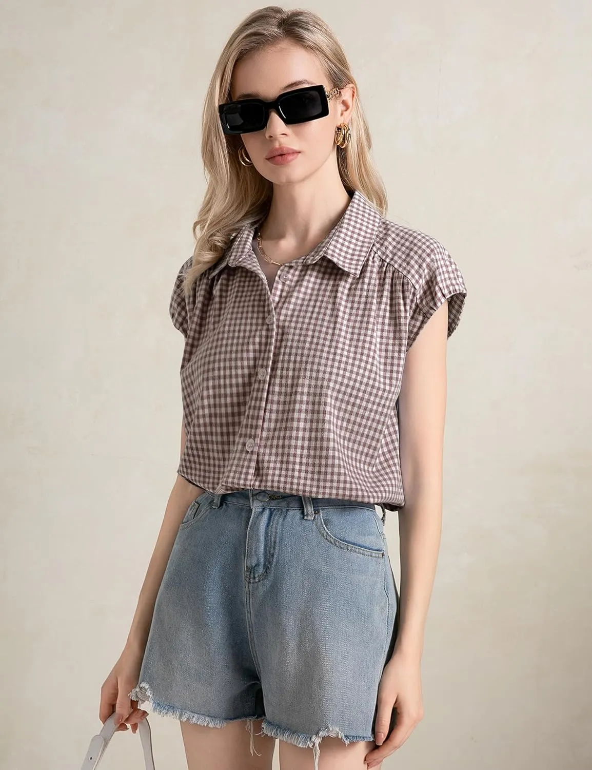 LOMON Womens Button Down Shirts Short Cap Sleeve Summer Cotton V Neck Collared Stripes Blouses Casual Plaid Tops