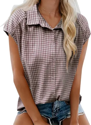 LOMON Womens Button Down Shirts Short Cap Sleeve Summer Cotton V Neck Collared Stripes Blouses Casual Plaid Tops