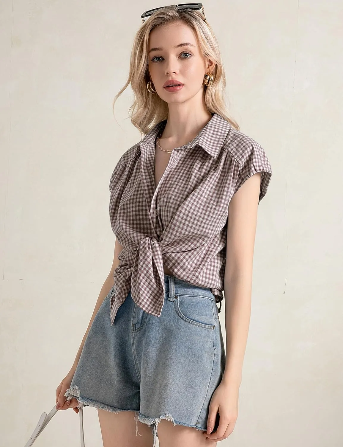 LOMON Womens Button Down Shirts Short Cap Sleeve Summer Cotton V Neck Collared Stripes Blouses Casual Plaid Tops