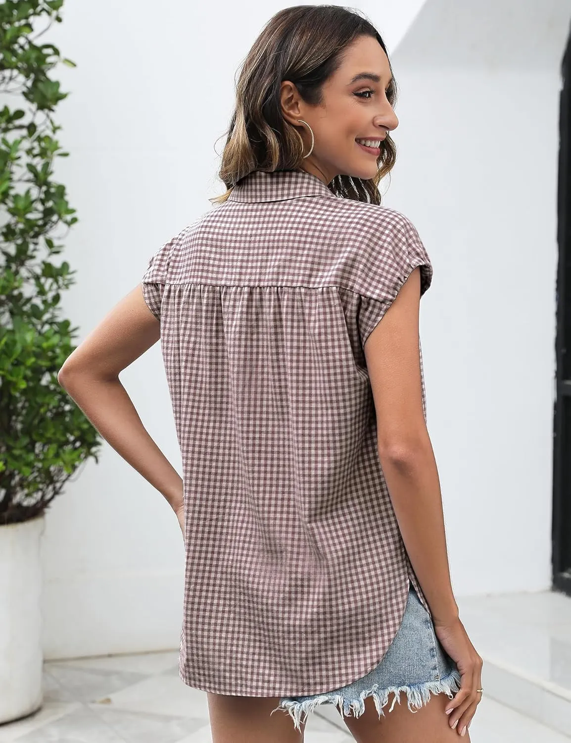 LOMON Womens Button Down Shirts Short Cap Sleeve Summer Cotton V Neck Collared Stripes Blouses Casual Plaid Tops