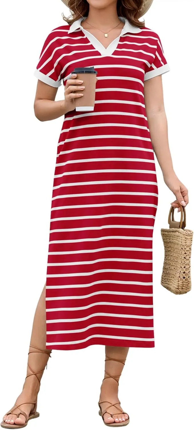 LOMON Women's Casual Vacation Dresses Striped Maxi Cruise Outfits Pocket Long Dress Summer Short Sleeve Split Dresses