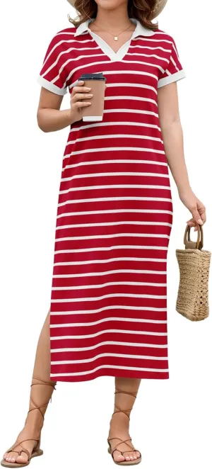 LOMON Women's Casual Vacation Dresses Striped Maxi Cruise Outfits Pocket Long Dress Summer Short Sleeve Split Dresses