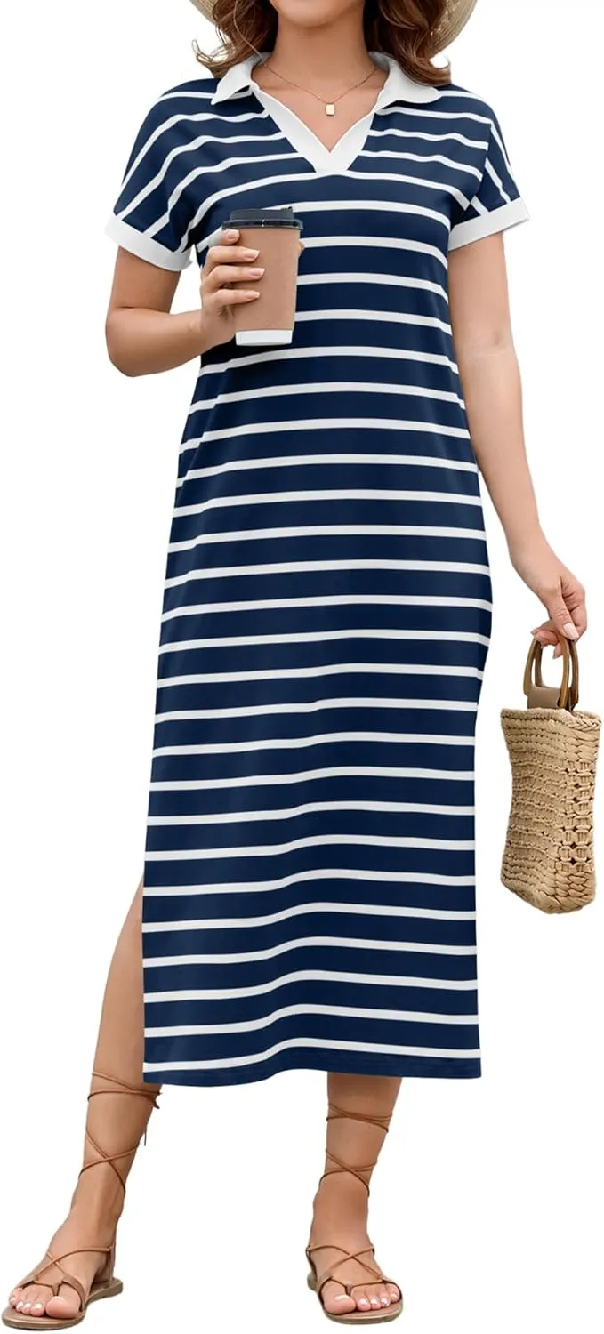 LOMON Women's Casual Vacation Dresses Striped Maxi Cruise Outfits Pocket Long Dress Summer Short Sleeve Split Dresses