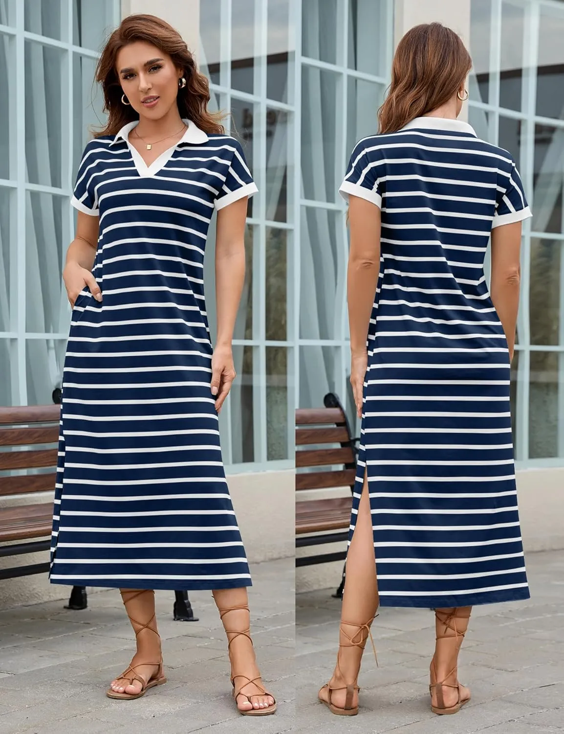 LOMON Women's Casual Vacation Dresses Striped Maxi Cruise Outfits Pocket Long Dress Summer Short Sleeve Split Dresses