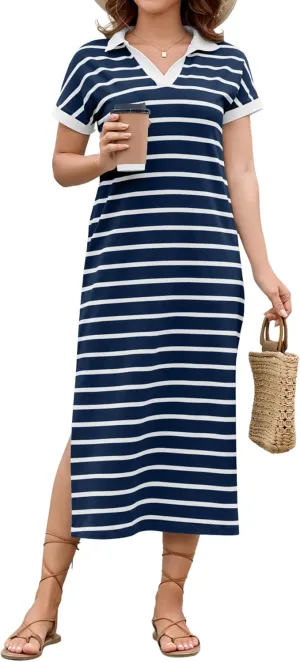 LOMON Women's Casual Vacation Dresses Striped Maxi Cruise Outfits Pocket Long Dress Summer Short Sleeve Split Dresses
