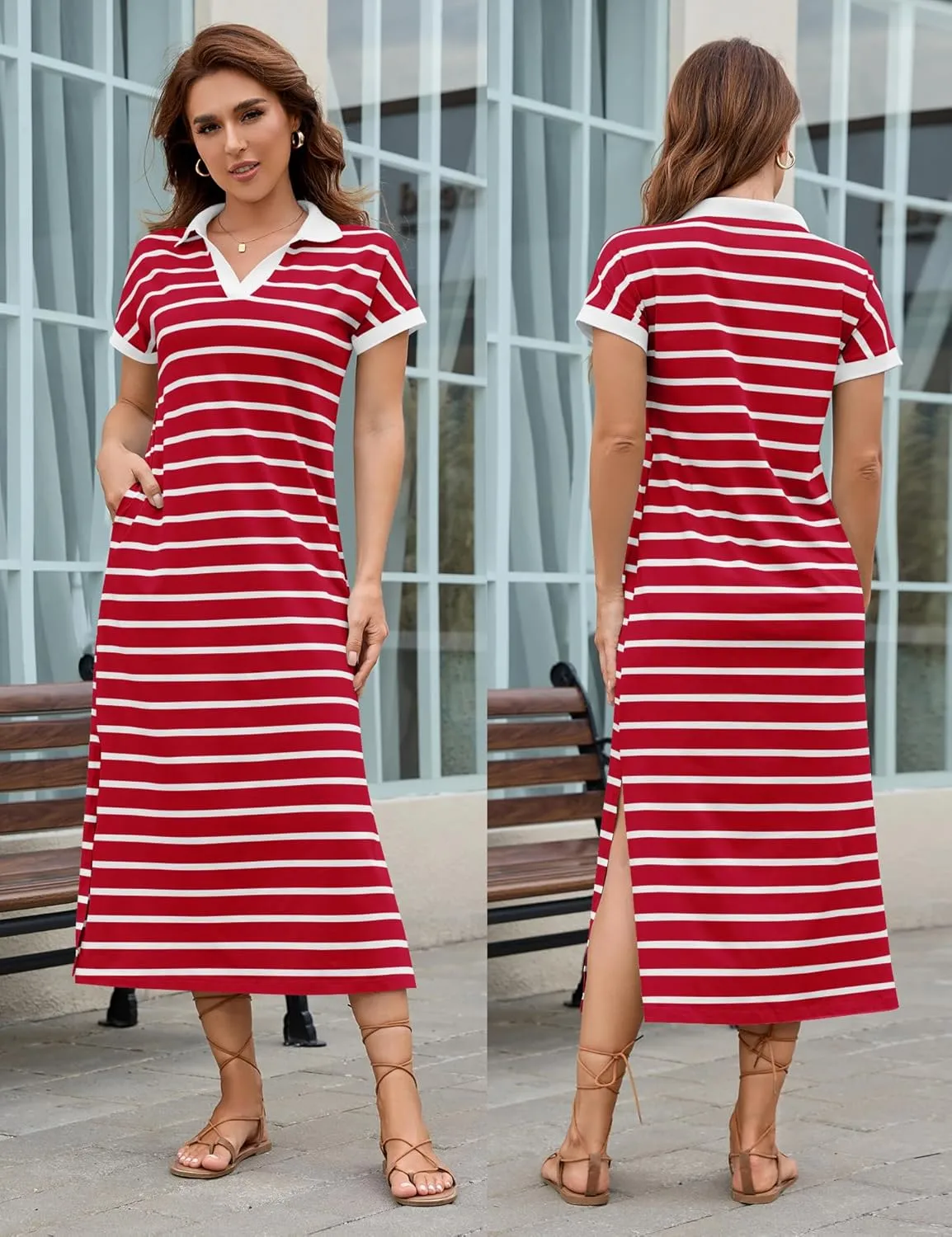 LOMON Women's Casual Vacation Dresses Striped Maxi Cruise Outfits Pocket Long Dress Summer Short Sleeve Split Dresses