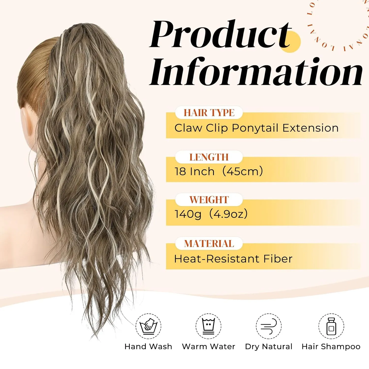 LONAI Ponytail Extension, 18" Wavy Claw Clip Ponytail Extensions ZJ001 Shoulder Length Curly Wavy Claw Clip in Ponytail Hair Extensions Synthetic Fake Pony tails Hairpieces-Ash Brown with white Blonde