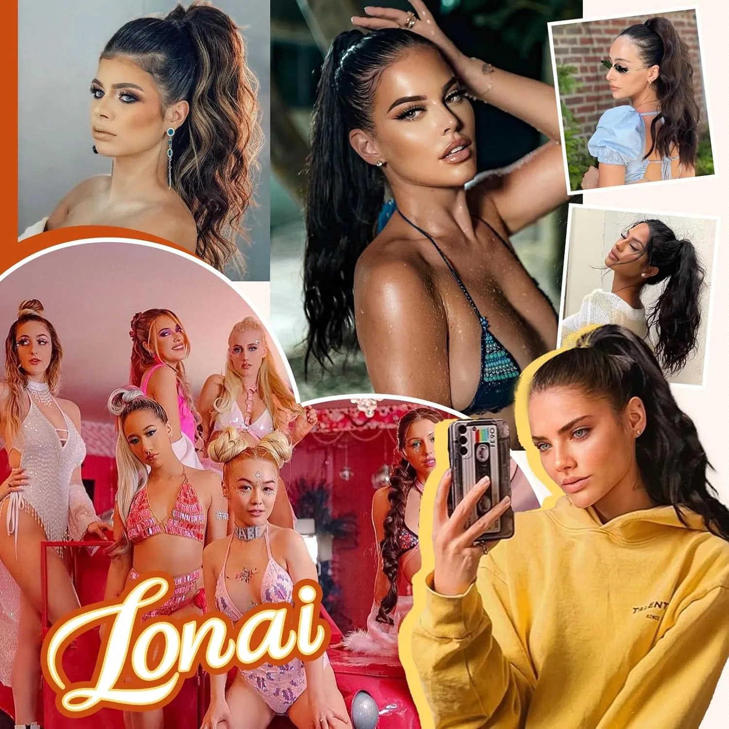 LONAI Ponytail Extension, 18" Wavy Claw Clip Ponytail Extensions ZJ001 Shoulder Length Curly Wavy Claw Clip in Ponytail Hair Extensions Synthetic Fake Pony tails Hairpieces-Ash Brown with white Blonde