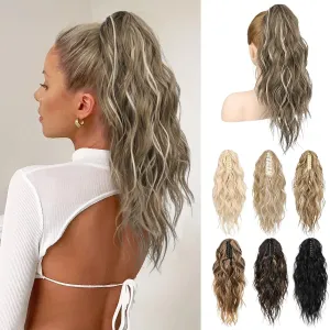 LONAI Ponytail Extension, 18" Wavy Claw Clip Ponytail Extensions ZJ001 Shoulder Length Curly Wavy Claw Clip in Ponytail Hair Extensions Synthetic Fake Pony tails Hairpieces-Ash Brown with white Blonde