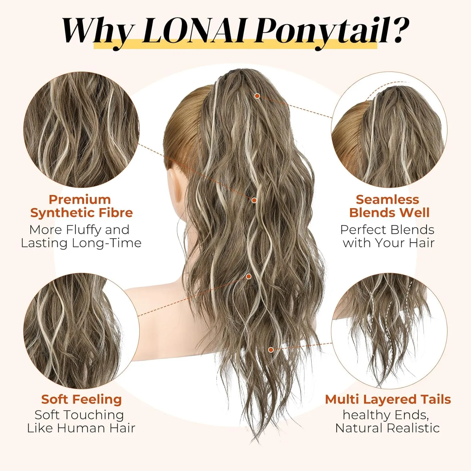 LONAI Ponytail Extension, 18" Wavy Claw Clip Ponytail Extensions ZJ001 Shoulder Length Curly Wavy Claw Clip in Ponytail Hair Extensions Synthetic Fake Pony tails Hairpieces-Ash Brown with white Blonde