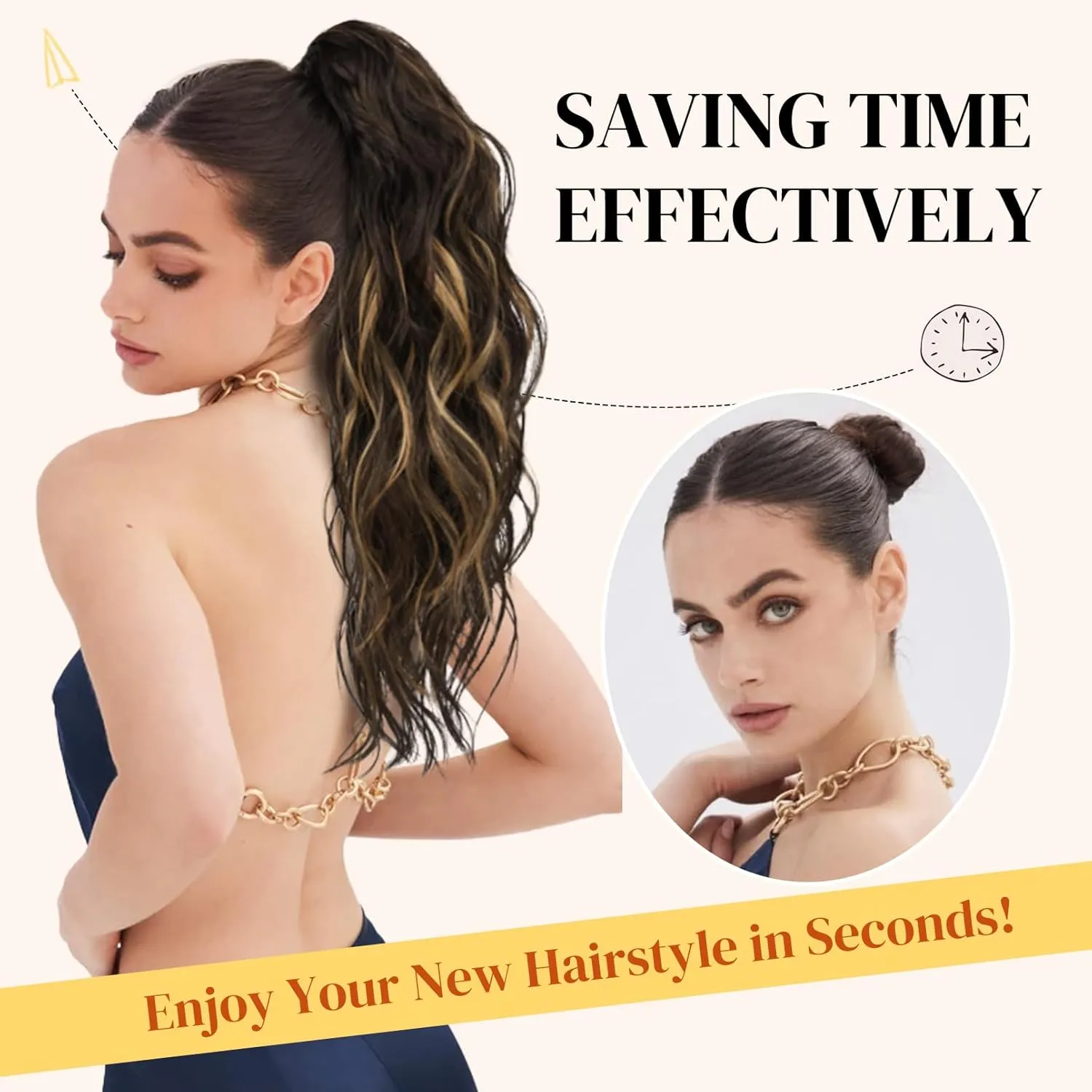 LONAI Ponytail Extension, 18" Wavy Claw Clip Ponytail Extensions ZJ001 Shoulder Length Curly Wavy Claw Clip in Ponytail Hair Extensions Synthetic Fake Pony tails Hairpieces-Ash Brown with white Blonde