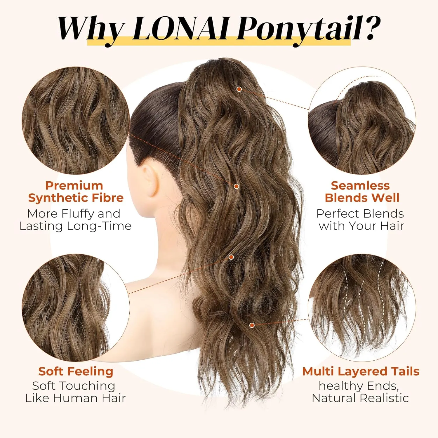 LONAI Wavy Claw Clip Ponytail Extensions - 18" Curly Wavy Claw Clip in Ponytail Hair Extensions - Synthetic Fake Pony Tails - Medium Brown Mixed