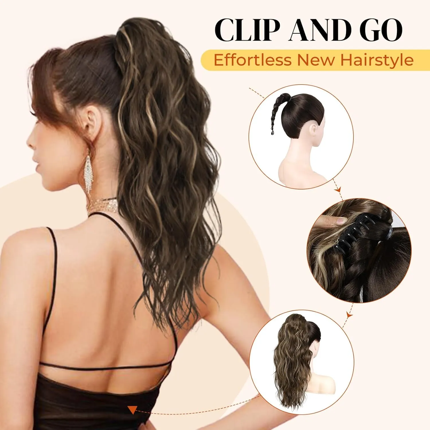 LONAI Wavy Claw Clip Ponytail Extensions - 18" Curly Wavy Claw Clip in Ponytail Hair Extensions - Synthetic Fake Pony Tails - Medium Brown Mixed