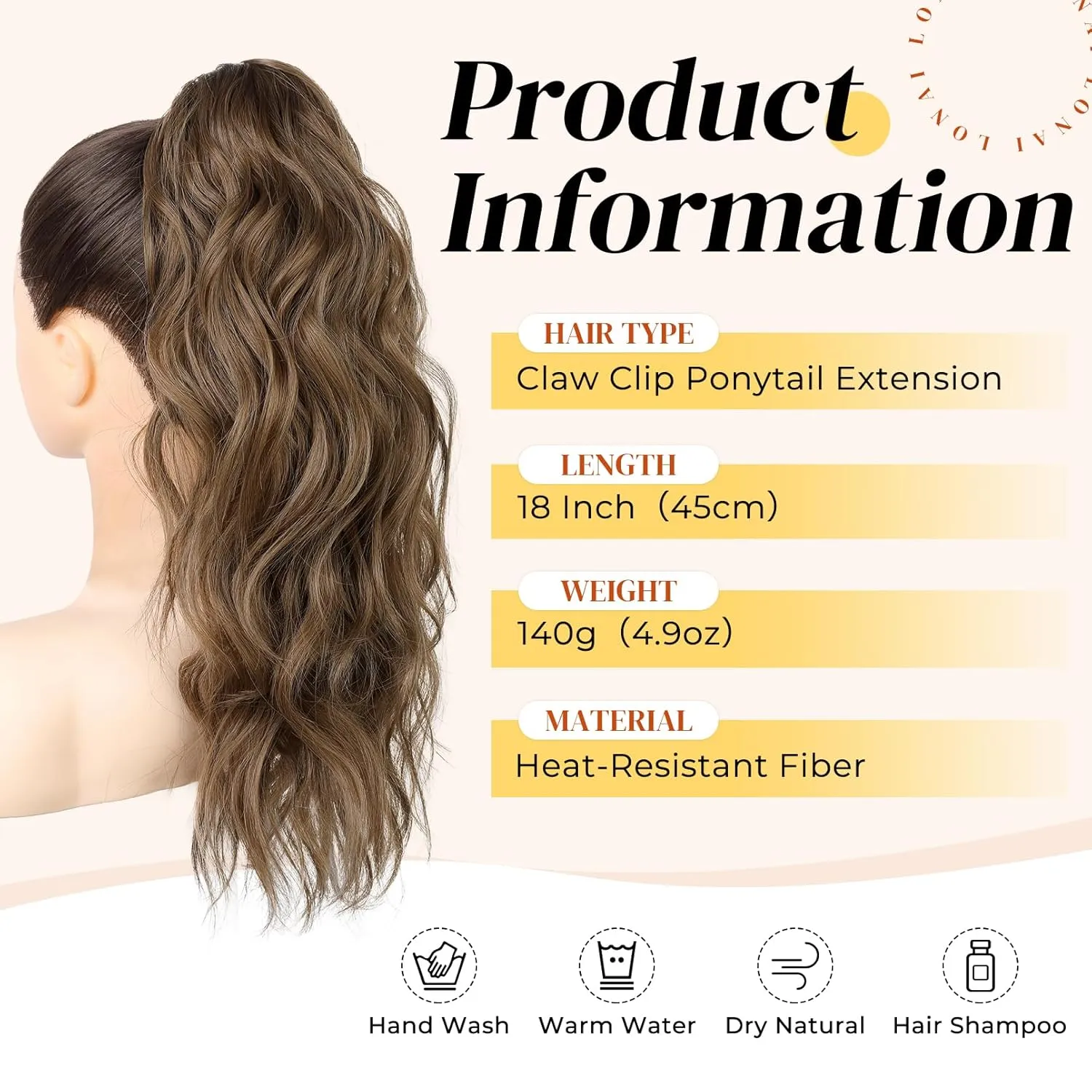 LONAI Wavy Claw Clip Ponytail Extensions - 18" Curly Wavy Claw Clip in Ponytail Hair Extensions - Synthetic Fake Pony Tails - Medium Brown Mixed