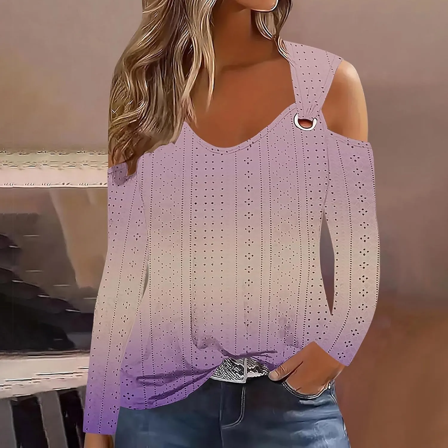 Long Shirts for Women Gradient Eyelet Cold Shoulder Crew Neck Fall Tee Shirts for Women 2024 Going Out Tops Casual