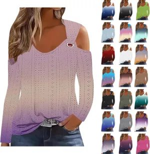 Long Shirts for Women Gradient Eyelet Cold Shoulder Crew Neck Fall Tee Shirts for Women 2024 Going Out Tops Casual