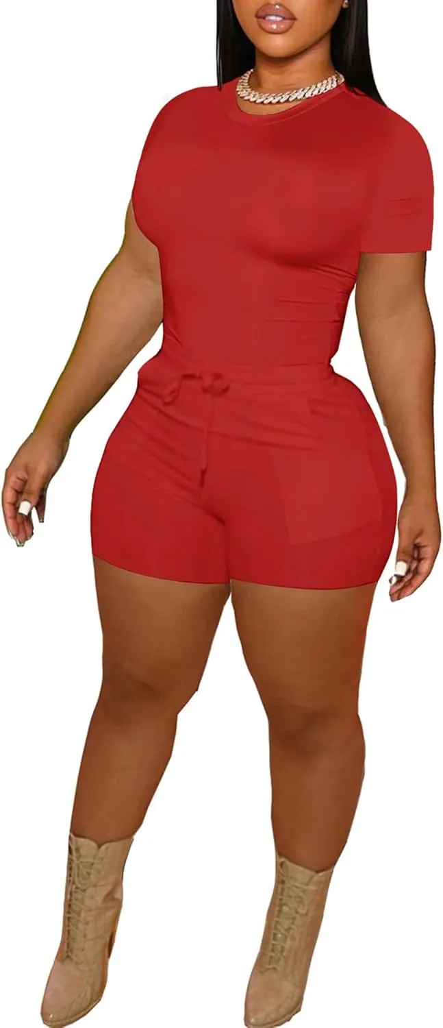 LovelyWholesale Women's Summer 2 Piece Outfits Skinny Shorts Tracksuit Sets