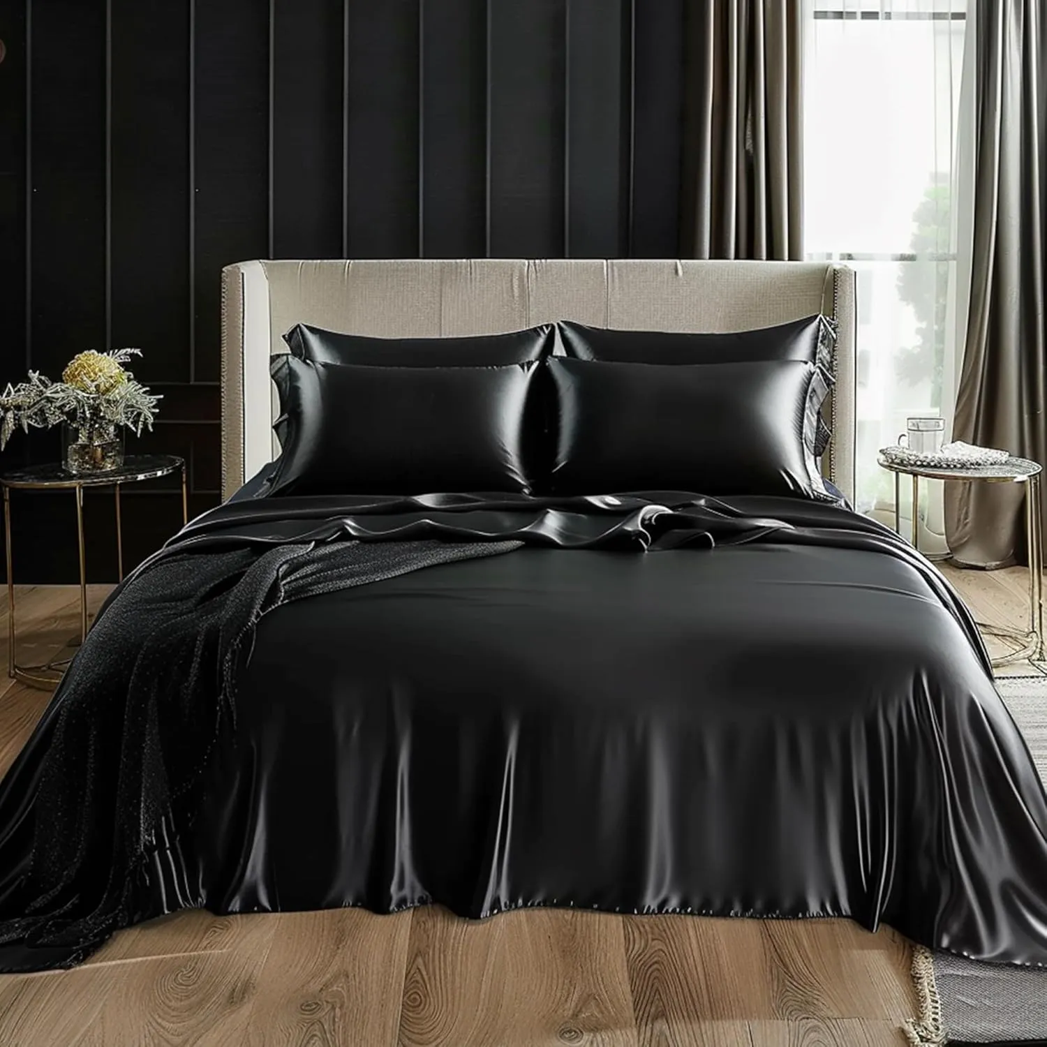 Love's cabin Full Size Satin Sheet Sets - 4 Piece Black Silky Sheet Set with Deep Pocket, Luxury Silk Feel Bed Sheets Full Bedding Set (1 Flat Sheet,1 Fitted Sheet,2 Pillow Cases)