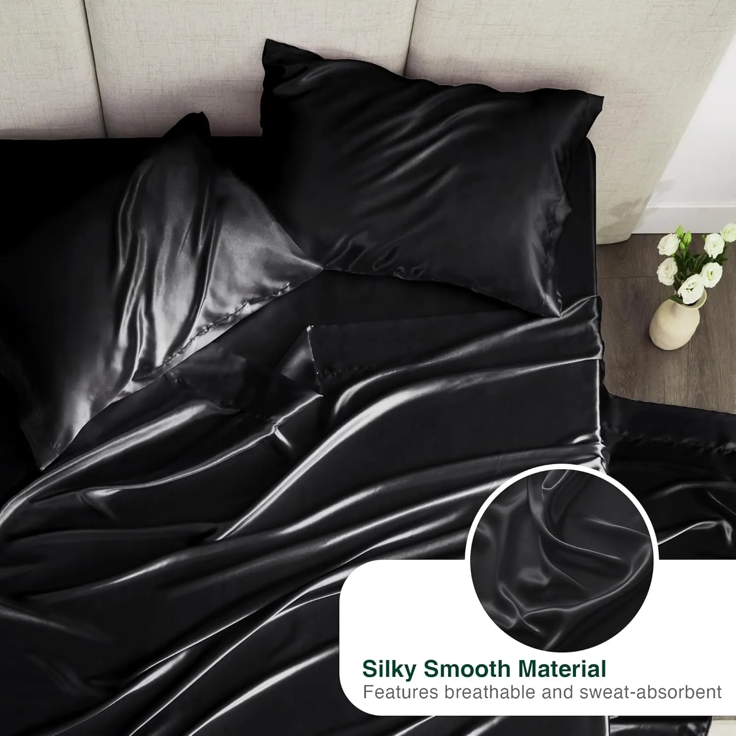 Love's cabin Full Size Satin Sheet Sets - 4 Piece Black Silky Sheet Set with Deep Pocket, Luxury Silk Feel Bed Sheets Full Bedding Set (1 Flat Sheet,1 Fitted Sheet,2 Pillow Cases)