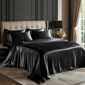 Love's cabin Full Size Satin Sheet Sets - 4 Piece Black Silky Sheet Set with Deep Pocket, Luxury Silk Feel Bed Sheets Full Bedding Set (1 Flat Sheet,1 Fitted Sheet,2 Pillow Cases)