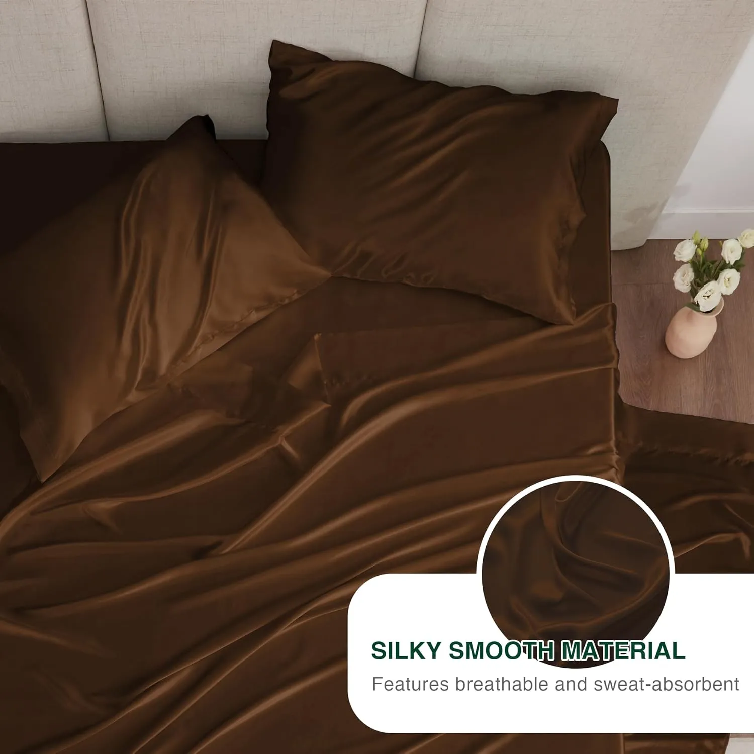 Love's cabin Satin Queen Sheets Set - 4 Piece Brown Silky Bed Sheets with Deep Pocket, Luxury Silk Feel Satin Queen Size Sheet Set (1 Flat Sheet,1 Fitted Sheet,2 Pillow Cases)
