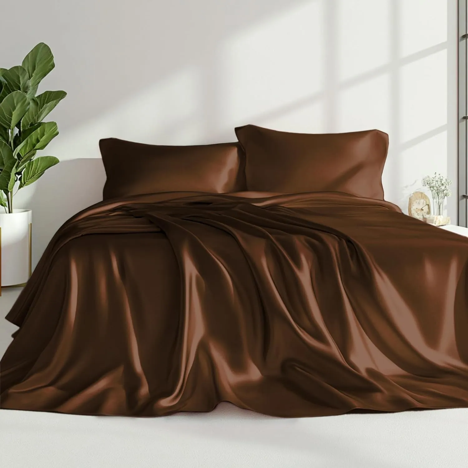 Love's cabin Satin Queen Sheets Set - 4 Piece Brown Silky Bed Sheets with Deep Pocket, Luxury Silk Feel Satin Queen Size Sheet Set (1 Flat Sheet,1 Fitted Sheet,2 Pillow Cases)
