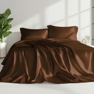 Love's cabin Satin Queen Sheets Set - 4 Piece Brown Silky Bed Sheets with Deep Pocket, Luxury Silk Feel Satin Queen Size Sheet Set (1 Flat Sheet,1 Fitted Sheet,2 Pillow Cases)