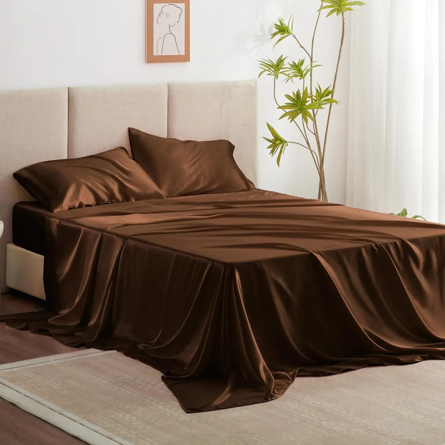 Love's cabin Satin Queen Sheets Set - 4 Piece Brown Silky Bed Sheets with Deep Pocket, Luxury Silk Feel Satin Queen Size Sheet Set (1 Flat Sheet,1 Fitted Sheet,2 Pillow Cases)