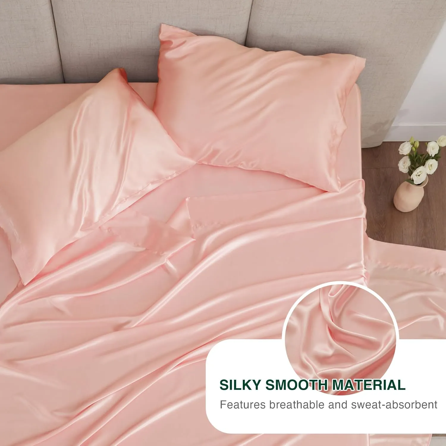 Love's cabin Satin Queen Sheets Set - 4 Piece Coral Silky Bed Sheets with Deep Pocket, Luxury Silk Feel Satin Queen Size Sheet Set (1 Flat Sheet,1 Fitted Sheet,2 Pillow Cases)
