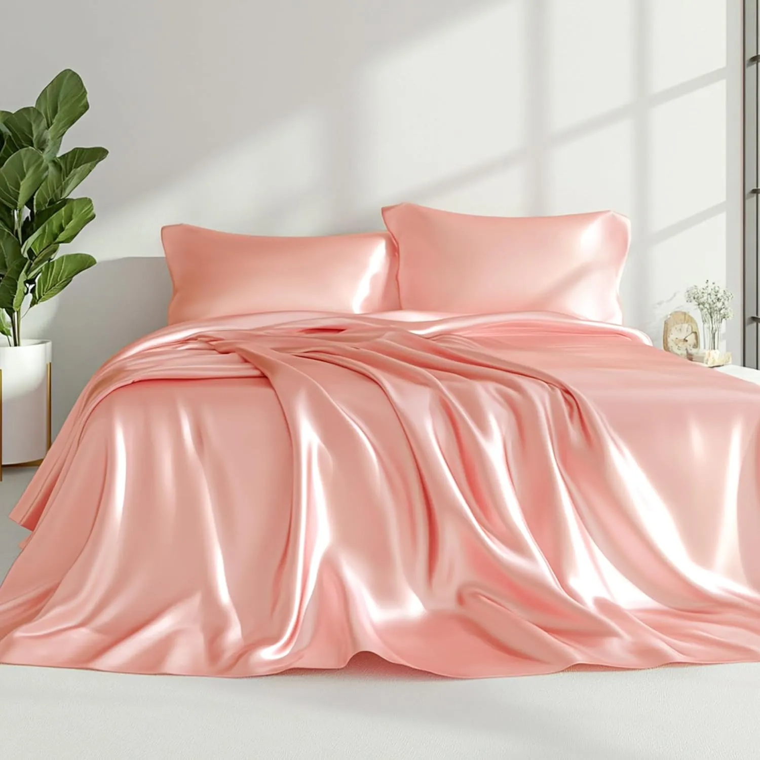 Love's cabin Satin Queen Sheets Set - 4 Piece Coral Silky Bed Sheets with Deep Pocket, Luxury Silk Feel Satin Queen Size Sheet Set (1 Flat Sheet,1 Fitted Sheet,2 Pillow Cases)