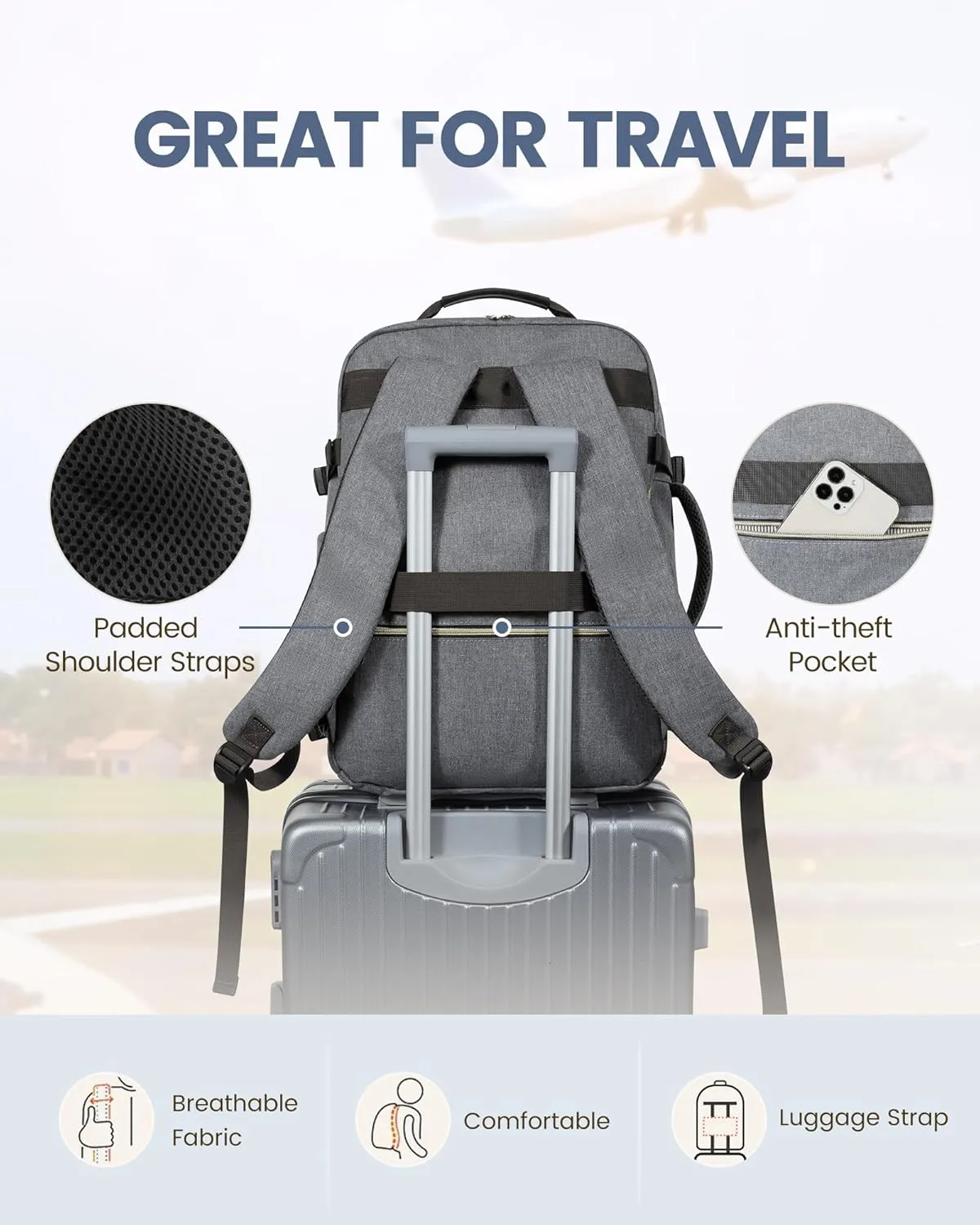 LOVEVOOK Carry On Backpack, 50L Travel Backpack Airline Approved, Waterproof Large TSA 18inch Laptop Backpack Luggage Daypack Business Weekender Overnight with 3 Packing Cubes, Gray-Black