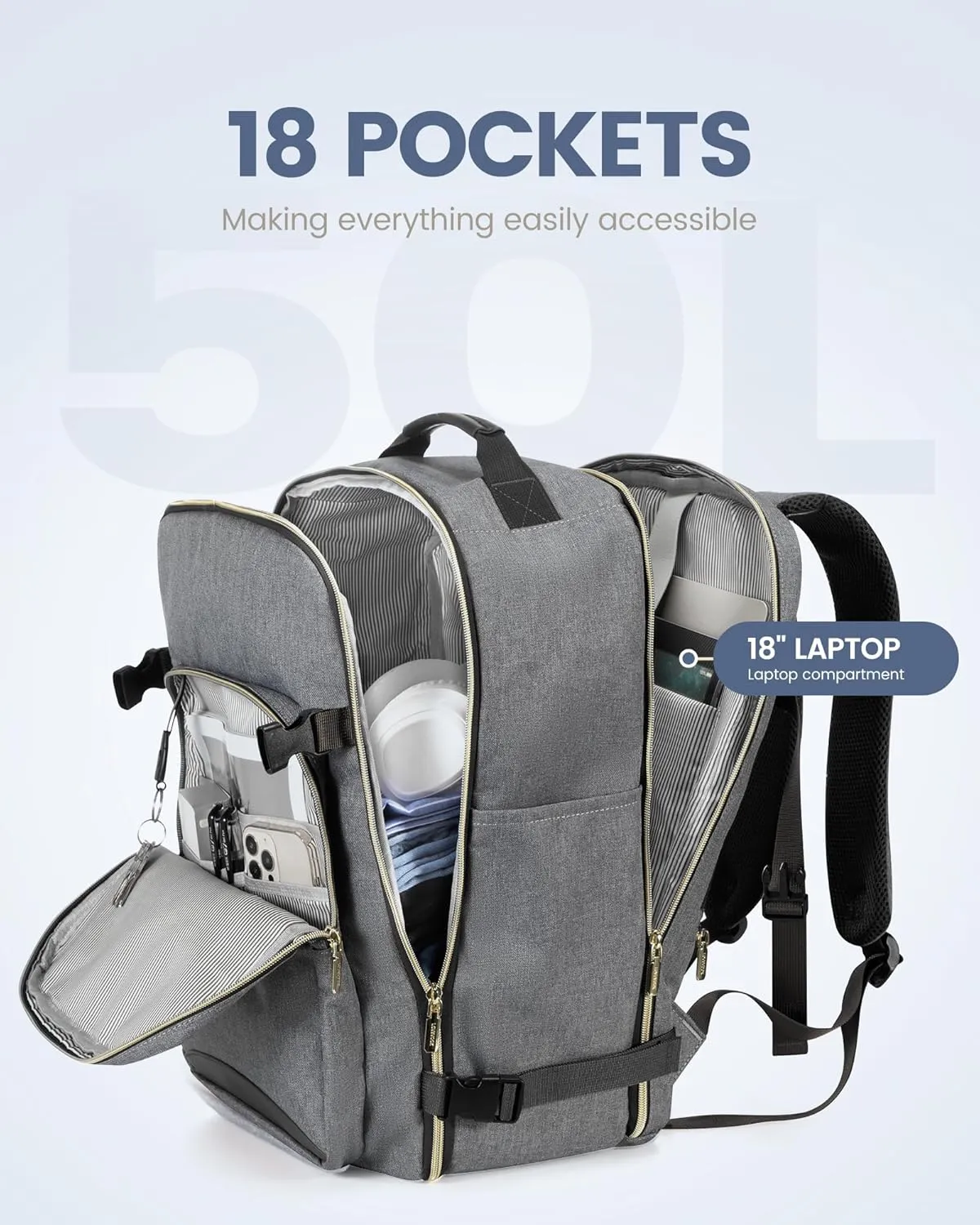 LOVEVOOK Carry On Backpack, 50L Travel Backpack Airline Approved, Waterproof Large TSA 18inch Laptop Backpack Luggage Daypack Business Weekender Overnight with 3 Packing Cubes, Gray-Black