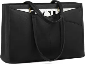 LOVEVOOK Laptop Bag for Women,17.3 Inch Laptop Tote Bag for Women,Vintage Leather Work Tote Bags Computer Teacher Bag,Waterproof Business Bag Office Briefcase, Retro Black