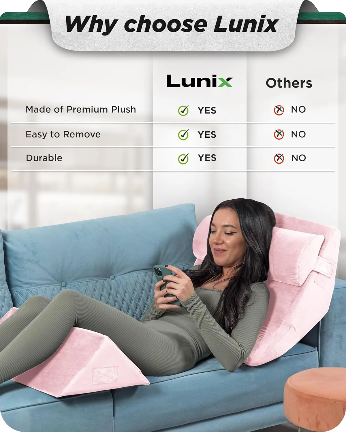 Lunix Replacement Cover for LX6 3pcs Wedge Pillow Set, Foam not Included - Pink Plush