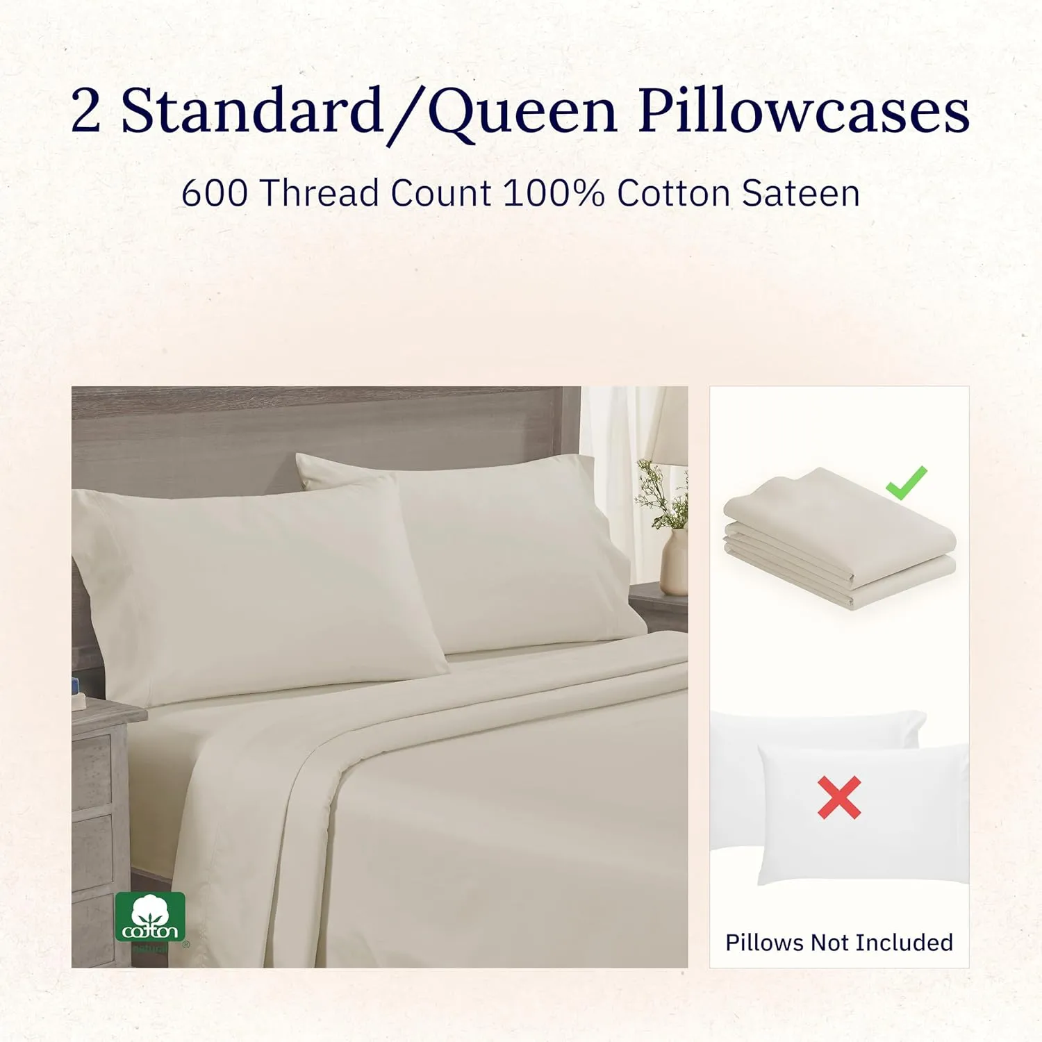 Luxuriously Soft Hotel Quality 600 Thread Count, 100% Cotton Set of 2 Cases, Crisp & Cool Pillowcases Queen Size Set of 2 Fits Standard & Queen Pillows (Creamy Ivory)