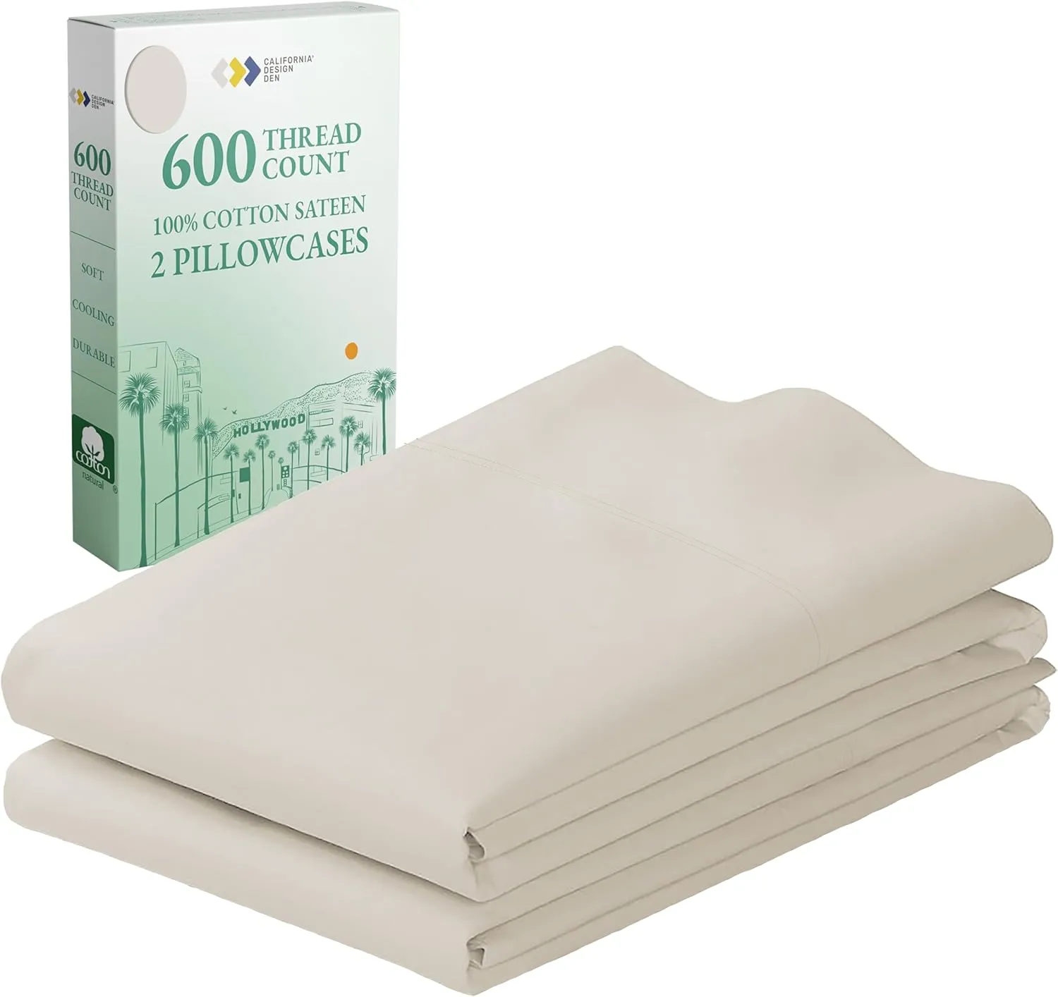 Luxuriously Soft Hotel Quality 600 Thread Count, 100% Cotton Set of 2 Cases, Crisp & Cool Pillowcases Queen Size Set of 2 Fits Standard & Queen Pillows (Creamy Ivory)