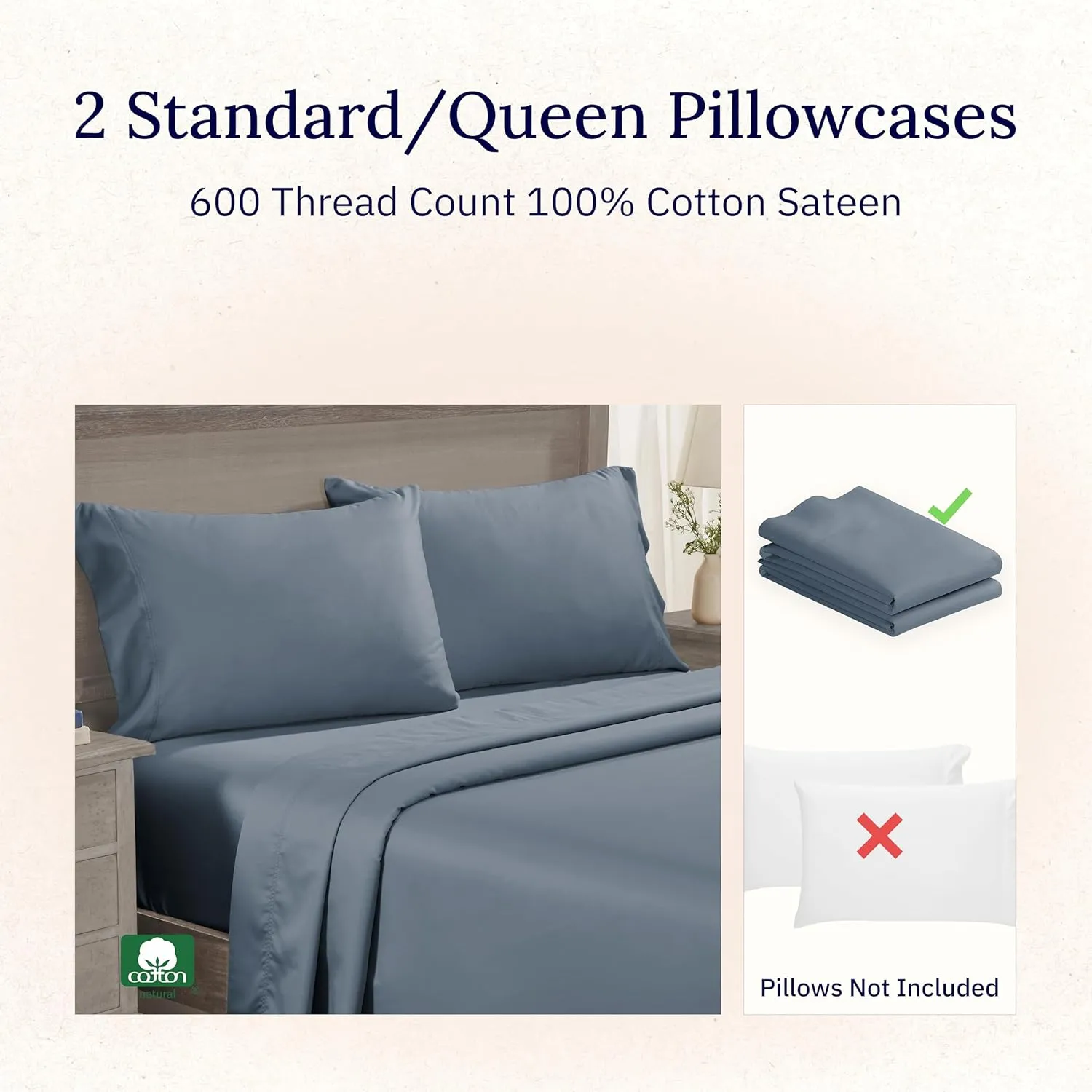 Luxuriously Soft Hotel Quality 600 Thread Count, 100% Cotton Set of 2 Cases, Crisp & Cool Standard Pillow Cases Set of 2 Fits Standard & Queen Pillows (Pastel Blue)
