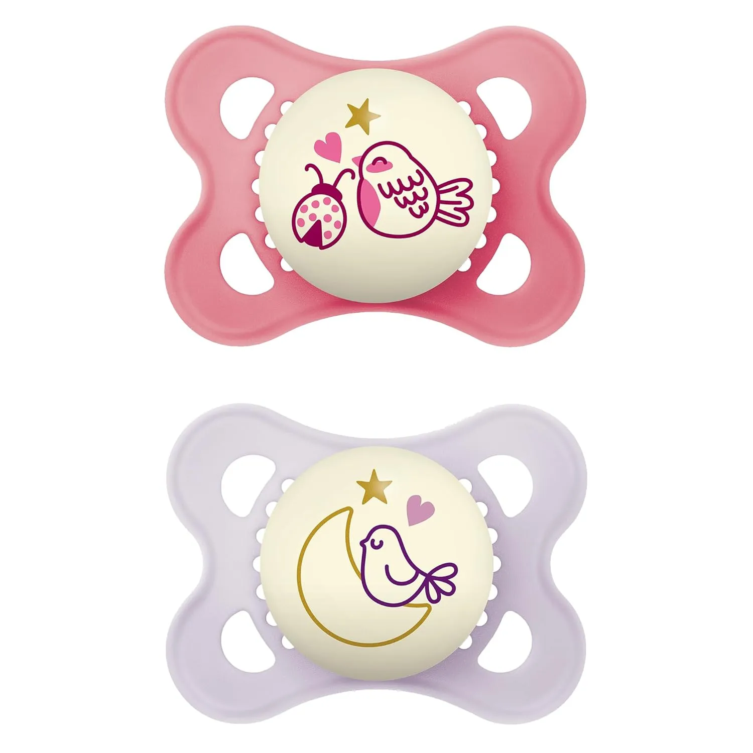 MAM Pacifiers 0-6 Months 4-Pack with Glow-in-Dark   2-Pack Self-Sterilizing Case and Night Pacifiers for Baby Girl