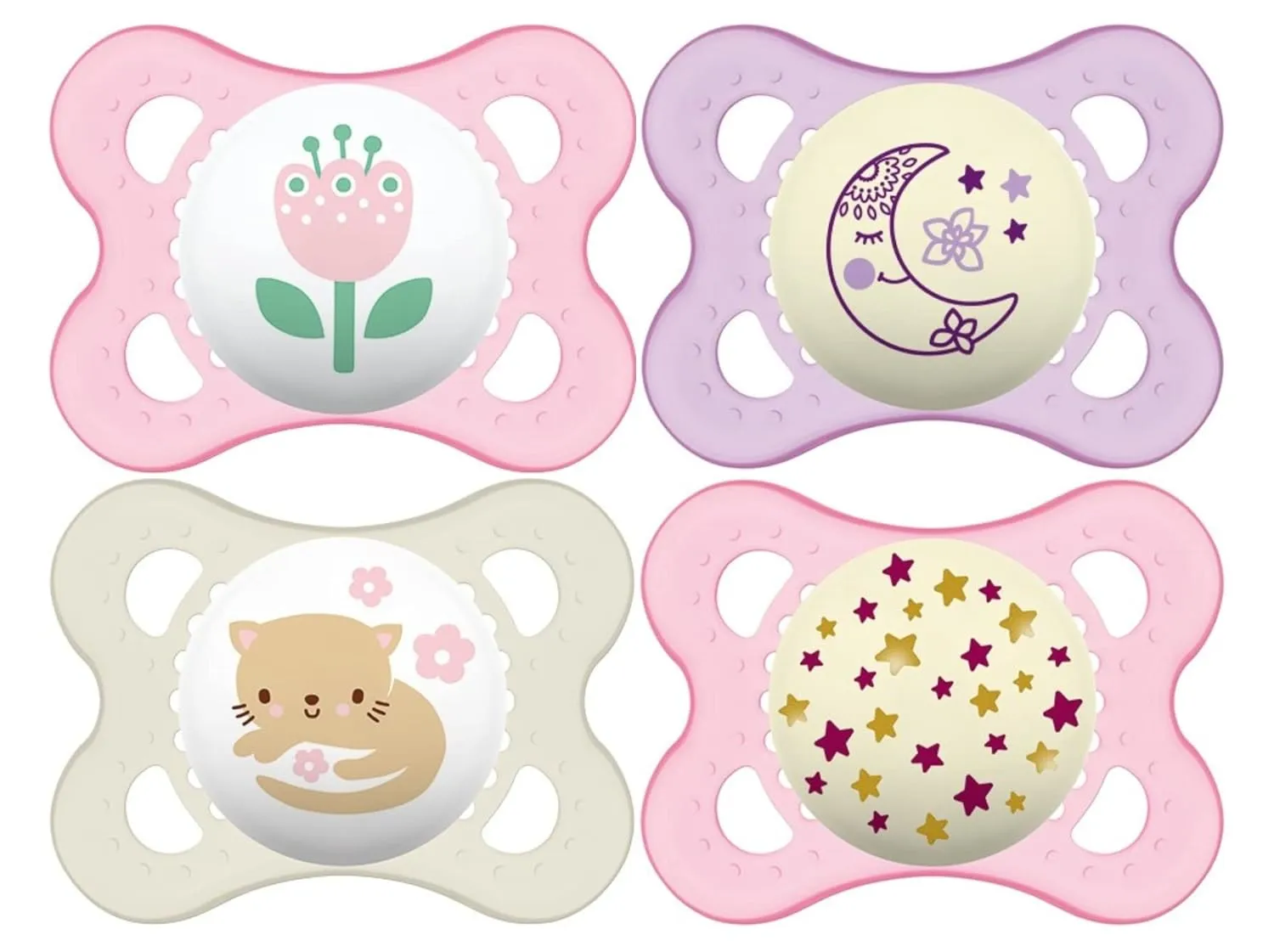 MAM Pacifiers 0-6 Months 4-Pack with Glow-in-Dark   2-Pack Self-Sterilizing Case and Night Pacifiers for Baby Girl