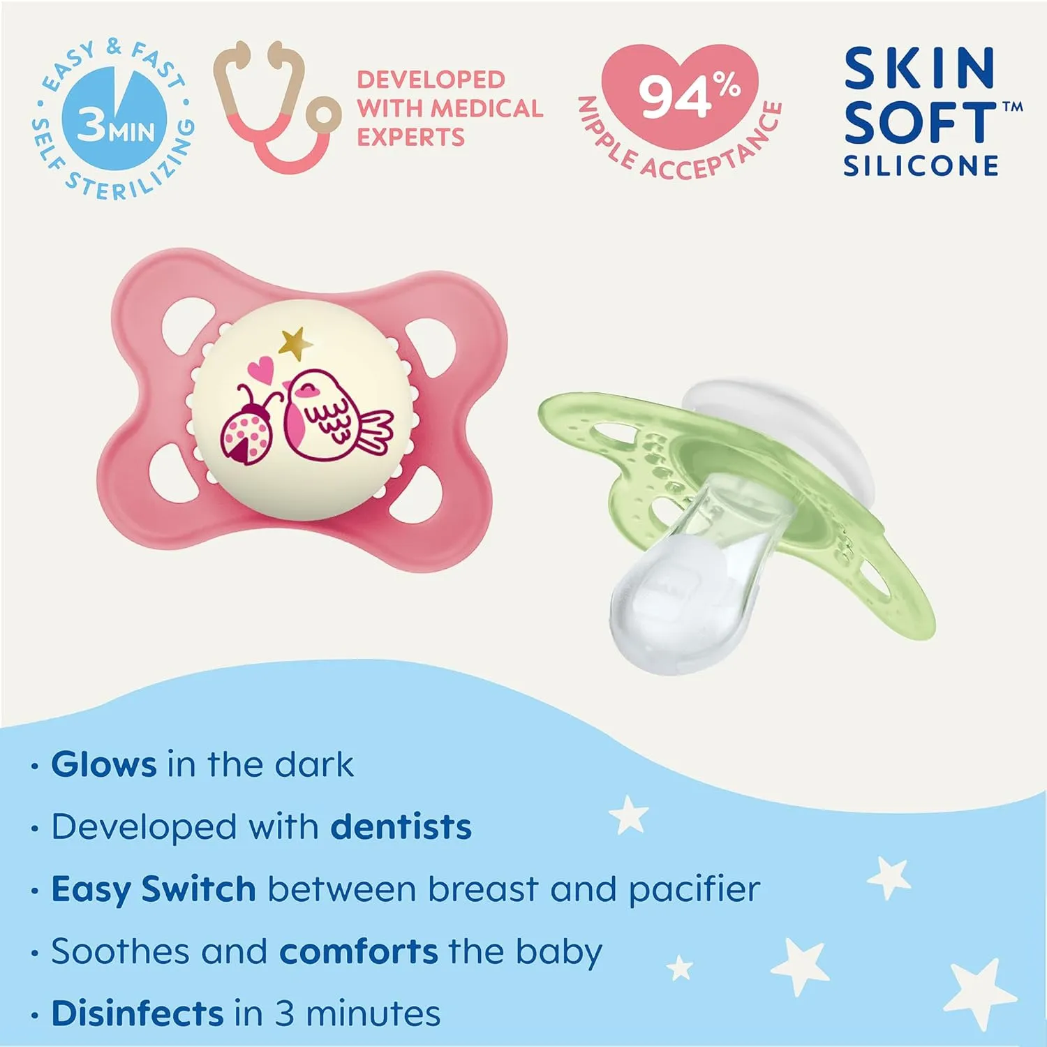 MAM Pacifiers 0-6 Months 4-Pack with Glow-in-Dark   2-Pack Self-Sterilizing Case and Night Pacifiers for Baby Girl