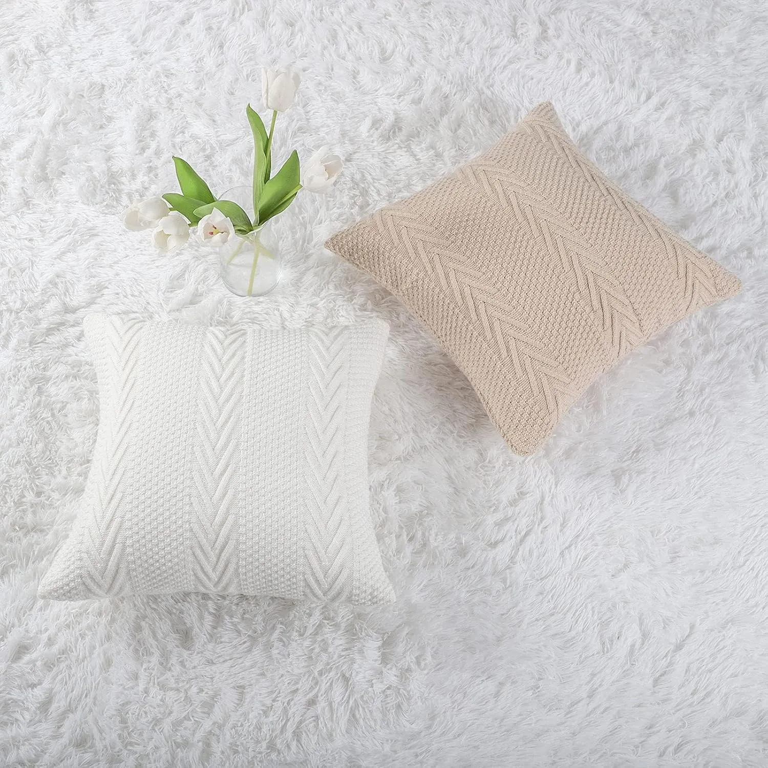 MANDIOO Cotton Knitted Decorative Throw Pillow Covers Soft Cozy Outdoor Cushion Cases Luxury Modern Pillowcases for Couch Sofa Bed 18x18 Inches Beige