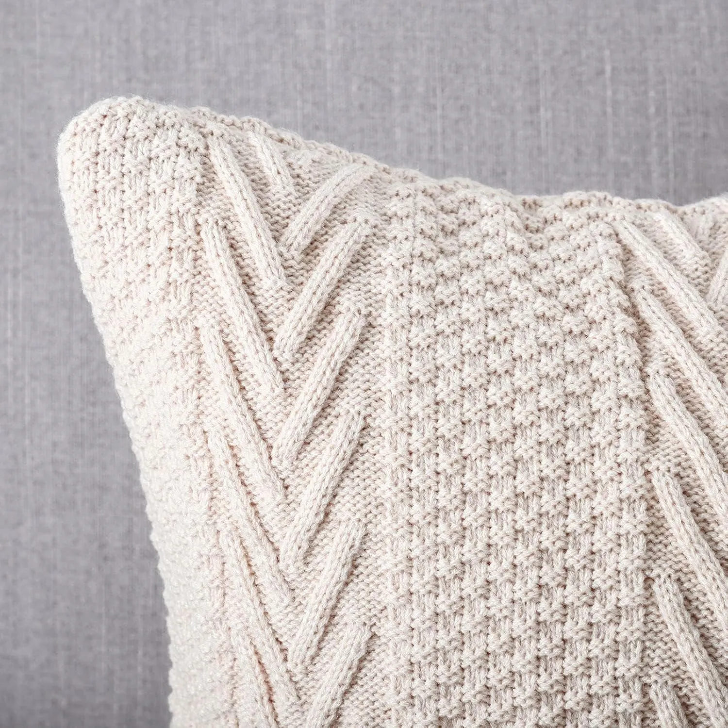 MANDIOO Cotton Knitted Decorative Throw Pillow Covers Soft Cozy Outdoor Cushion Cases Luxury Modern Pillowcases for Couch Sofa Bed 18x18 Inches Beige