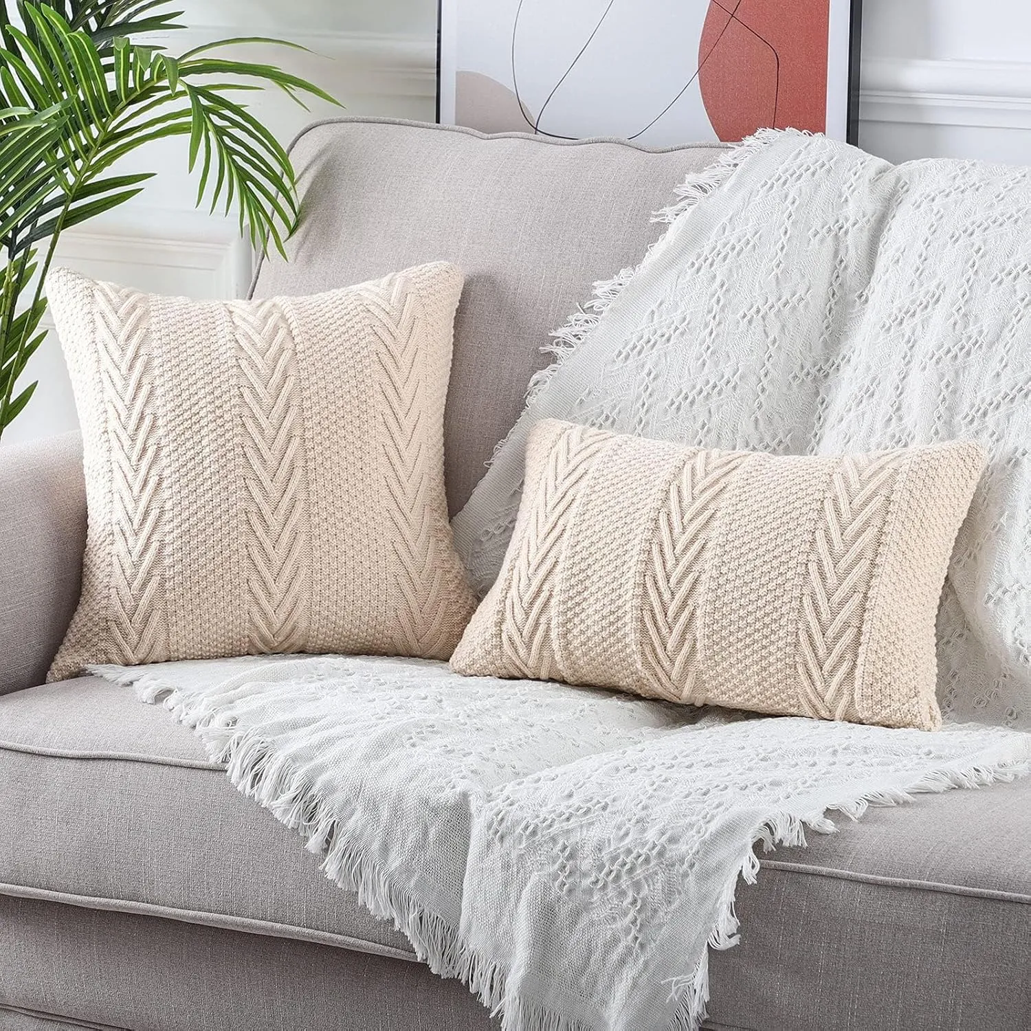 MANDIOO Cotton Knitted Decorative Throw Pillow Covers Soft Cozy Outdoor Cushion Cases Luxury Modern Pillowcases for Couch Sofa Bed 18x18 Inches Beige