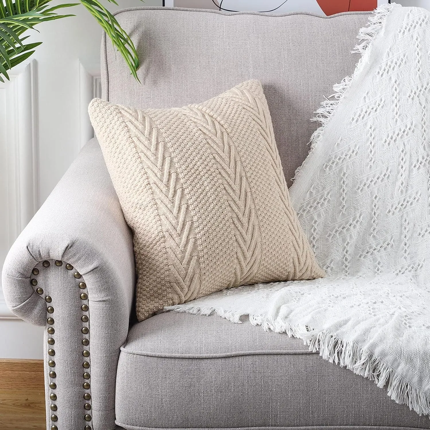 MANDIOO Cotton Knitted Decorative Throw Pillow Covers Soft Cozy Outdoor Cushion Cases Luxury Modern Pillowcases for Couch Sofa Bed 18x18 Inches Beige