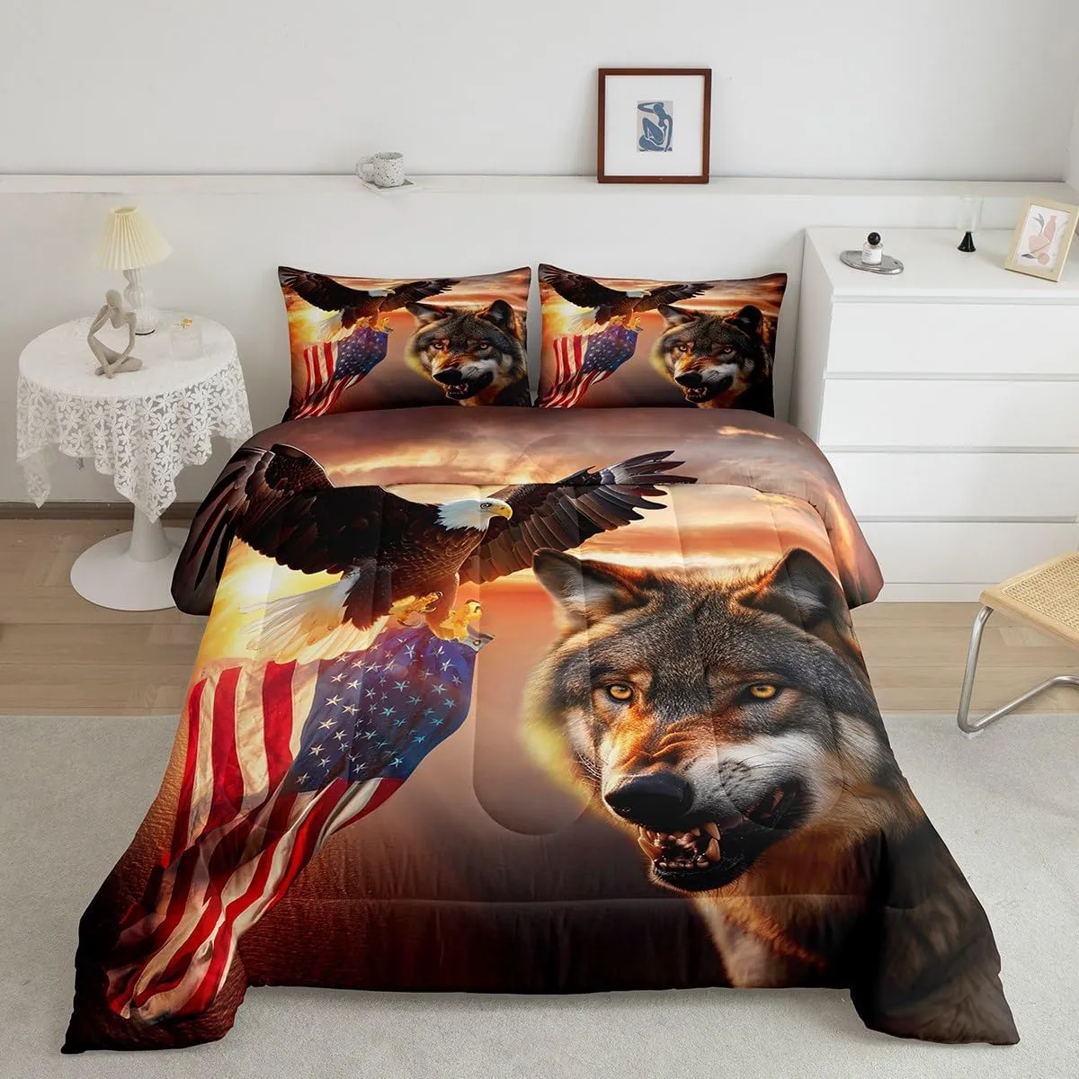 Manfei 3D Wolf Comforter Set Twin Size Eagle and American Flag Print Quilt Set Animal Theme Bedding Comforters 2pcs for Kids Boys Teens Room Decor, Sunset Landscape Duvet Insert with 1 Pillowcase