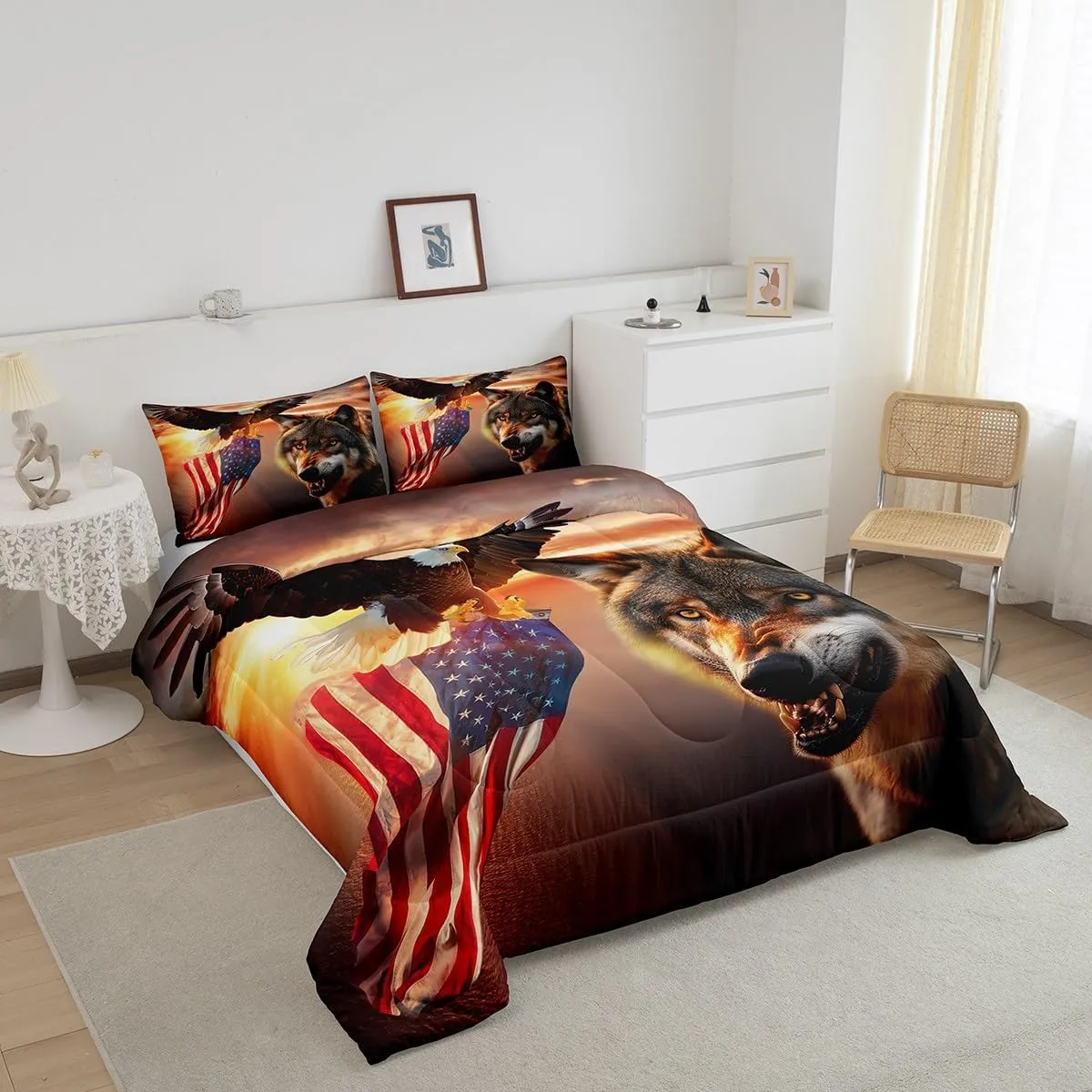 Manfei 3D Wolf Comforter Set Twin Size Eagle and American Flag Print Quilt Set Animal Theme Bedding Comforters 2pcs for Kids Boys Teens Room Decor, Sunset Landscape Duvet Insert with 1 Pillowcase