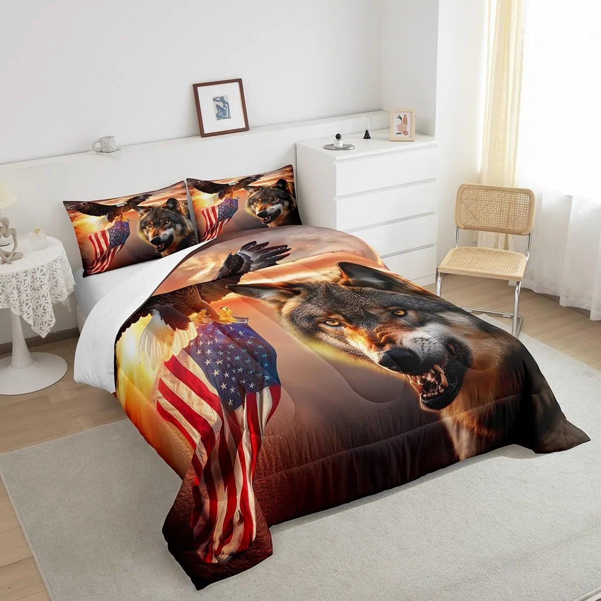 Manfei 3D Wolf Comforter Set Twin Size Eagle and American Flag Print Quilt Set Animal Theme Bedding Comforters 2pcs for Kids Boys Teens Room Decor, Sunset Landscape Duvet Insert with 1 Pillowcase