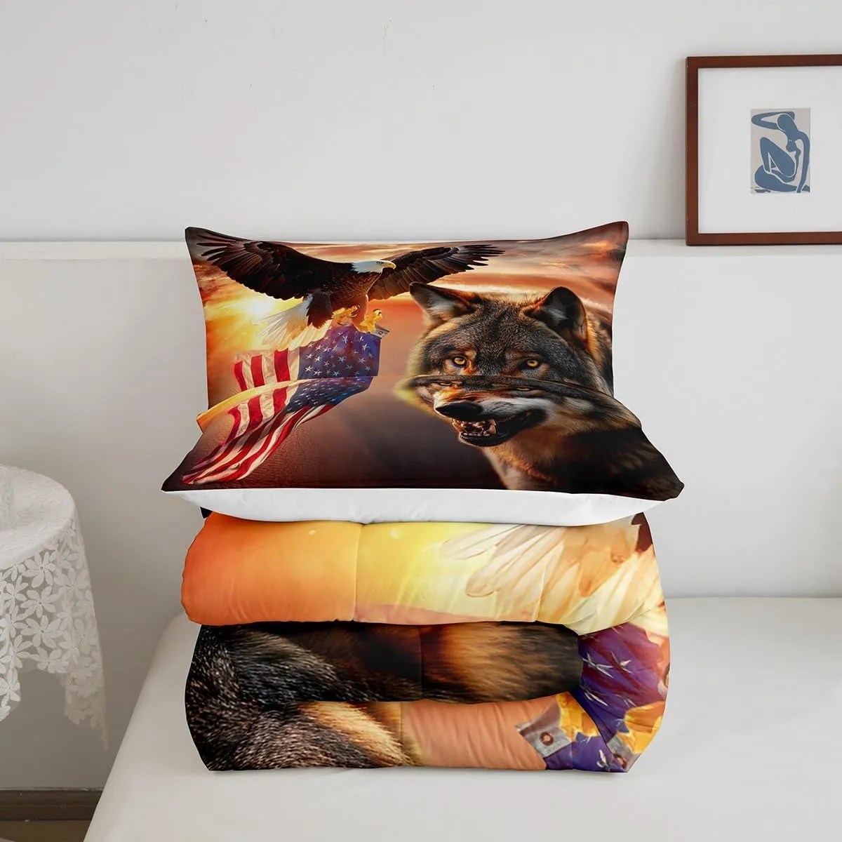 Manfei 3D Wolf Comforter Set Twin Size Eagle and American Flag Print Quilt Set Animal Theme Bedding Comforters 2pcs for Kids Boys Teens Room Decor, Sunset Landscape Duvet Insert with 1 Pillowcase