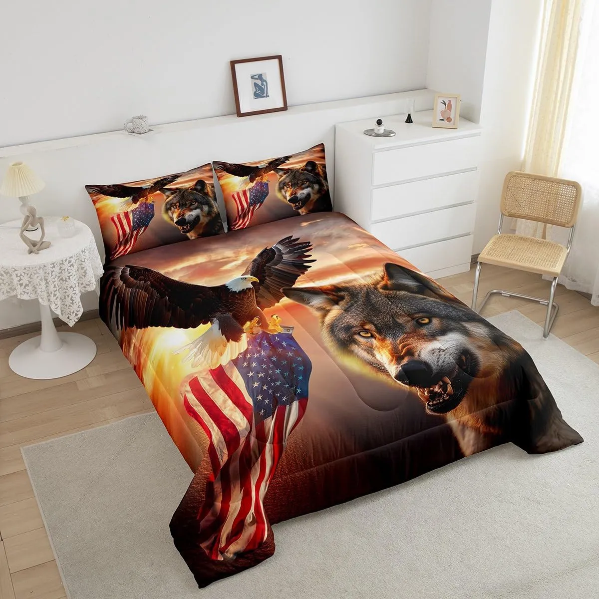 Manfei 3D Wolf Comforter Set Twin Size Eagle and American Flag Print Quilt Set Animal Theme Bedding Comforters 2pcs for Kids Boys Teens Room Decor, Sunset Landscape Duvet Insert with 1 Pillowcase